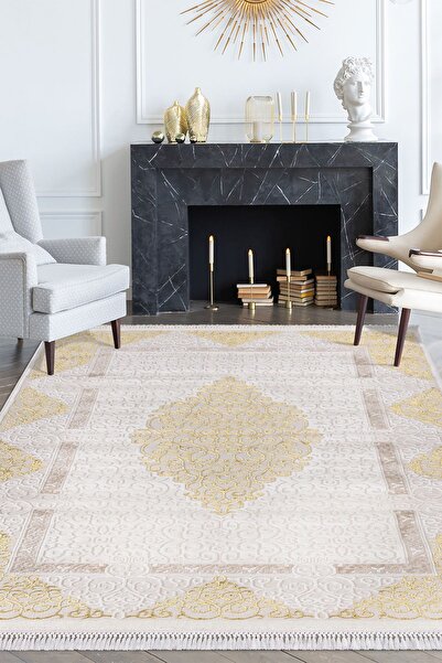 Kervansaray Home Deren Krem Gold Dekoratif Oturma Odası Ve Salon Halısı
