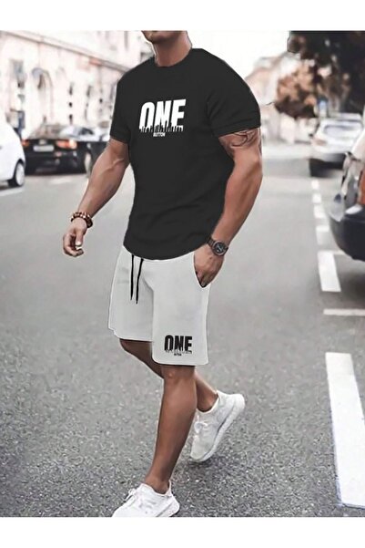 one button Set tricou negru supradimensionat și pantaloni scurți bleumarin - ...