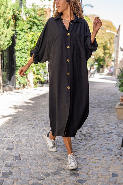 Güneşkızı Rochie cămașă casual de buzunar cu mânecă liliac de in negru Bst3282