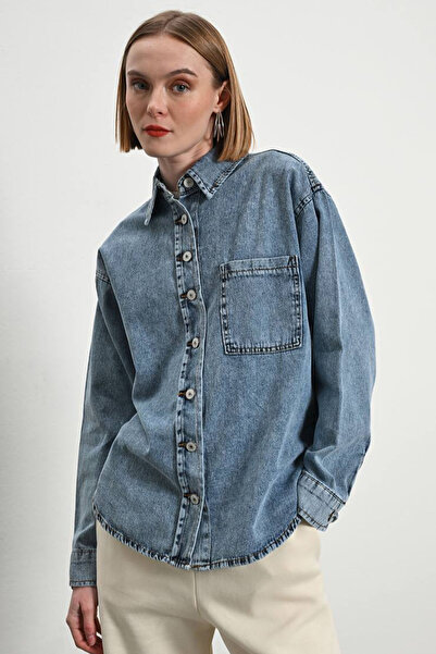 inos Mavi Yumuşak Dokulu Kadın Jean Gömlek %100 Pamuk