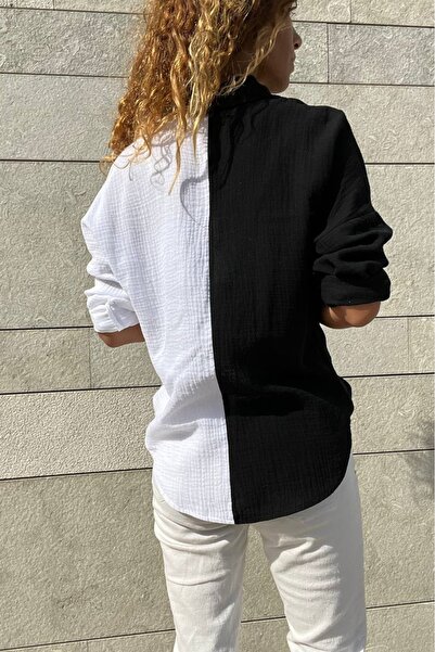 Güneşkızı Γυναικείο Μαύρο-Λευκό Μουσελίνα Color Block Casual πουκάμισο Bst3458