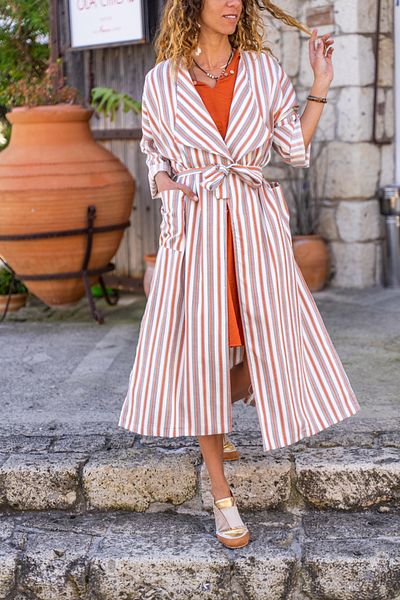 Güneşkızı Women's Brick Linen Shawl Collar Pocket Self Belted Striped Kimono Dress Bst3373
