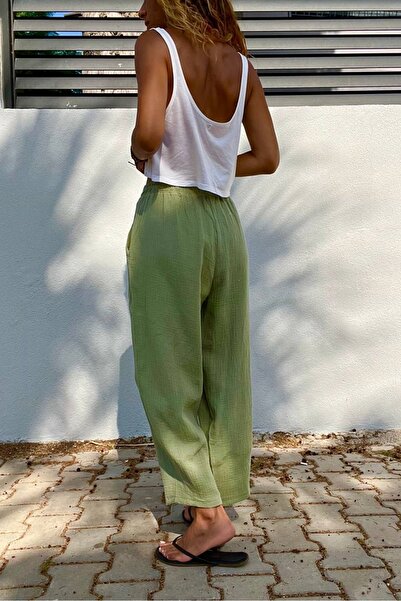 Güneşkızı Women's Khaki Muslin Elastic Waist Pocket Loose Trousers Bst3416