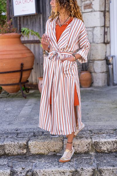 Güneşkızı Women's Brick Linen Shawl Collar Pocket Self Belted Striped Kimono Dress Bst3373