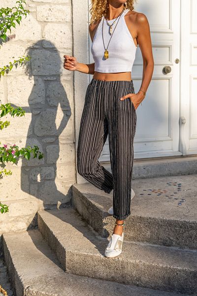 Güneşkızı Pantaloni casual cu dungi alb-negru cu talie elastică pentru femei Bst3277