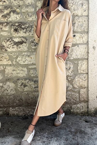 Güneşkızı Γυναικείο Μπεζ Ποπλίνα Πουκάμισο με μακριά τσέπη BST700-3555