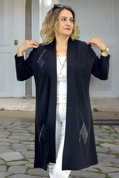 yagmurberen TAŞ İŞLEMELİ DERİ GARNİLİ ŞAL YAKA BÜYÜK BEDEN 3 İPLİK  KAP CEKET