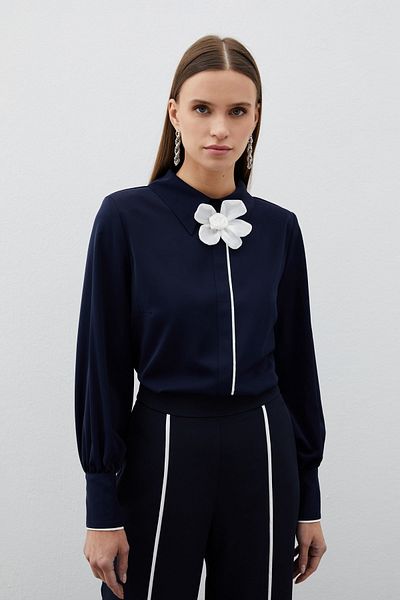 Sateen Navy Blue Blouse - Collar Floral Detail