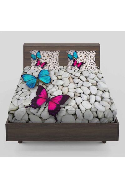 Else Halı Else Pink Blue Butterflies Jewelled Patterned Elastic Double Elastic Sheet Set 160x200cm