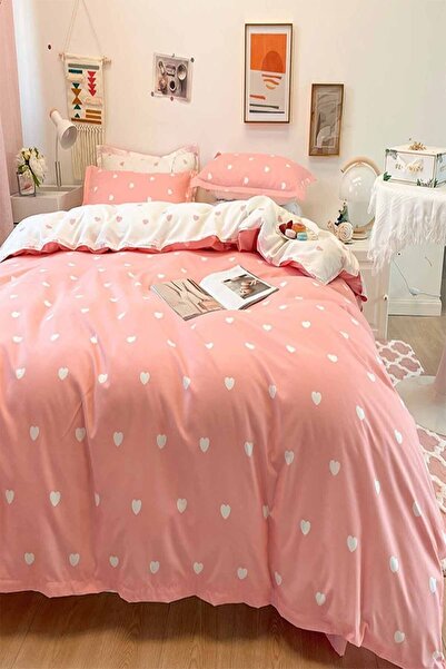 Else Dekor Else Double Sided Pink Hearts Cotton Satin Double Duvet Cover Set
