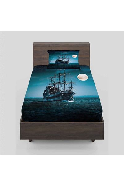 Else Halı Else Blue Black Ship Sunset 3D Patterned Elastic Single Fitted Sheet Set 90x190cm