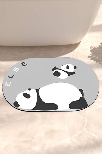 Else Dekor Γκρι Λευκό Panda Μοτίβο ντους που απορροφά νερό Μπροστινό χαλάκι μπάνιου Κάθισμα τουαλέτας One Piece Oval
