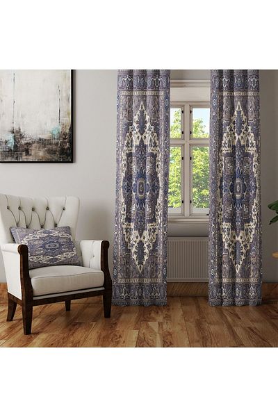Else Dekor Blue Gray Ethnic Turkmen Oriental Authentic Anatolian Ottoman Patterned Background Curtain Kil39