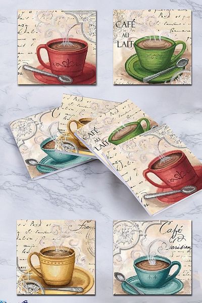 Else Dekor Else Coffee Time Patterned Decorative 4-Piece WC Bathroom Drain Cover Washable Non-Slip