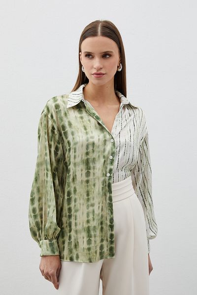 Sateen Balloon Sleeve Patterned Shirt - Khaki