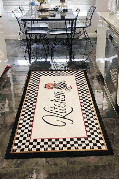 Else Dekor Siyah Beyaz Damalı Kitchen Yazılı Yıkanabilir Kaymaz Taban Mutfak ...