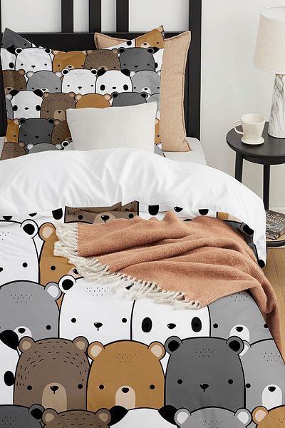 Else Dekor Gray Kayve Single Children's Bedding Set - Bears Patterned Without Sheets