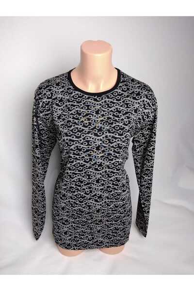 YAŞAR TRİKO Black Viscose Mother Combed Cotton T-Shirt - Crew Neck, Long Slee...