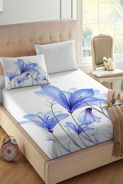 Else Halı Blue Floral Printed Patterned Elastic Single Pillowed Elastic Sheet Set 90x190cm