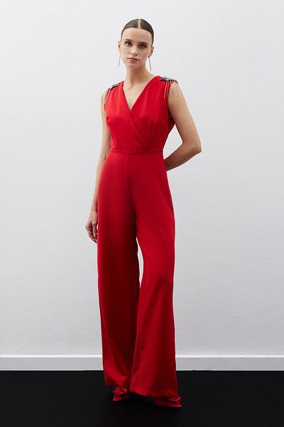 Sateen Elaborate Jumpsuit, Red Color
