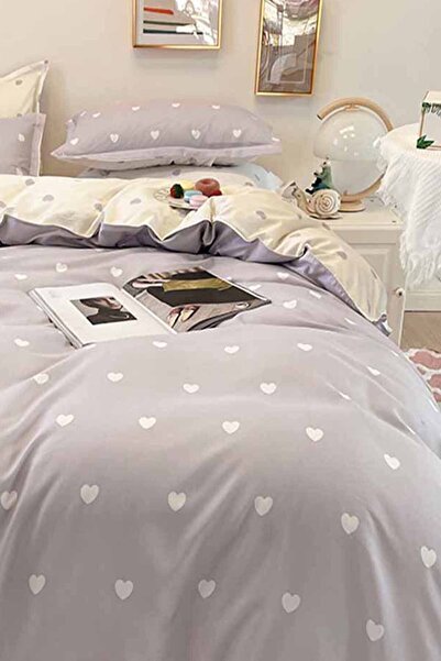 Else Dekor Gray White Heart Double Sided Red Hearts Cotton Satin Single Duvet Cover Set