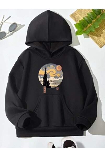 NoVibe Hanorac pentru copii unisex - oversize, negru, imprimat Titan, cu glugă