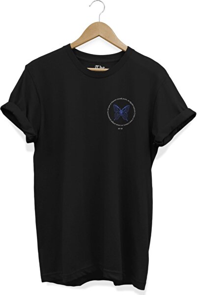 The Baski Crna unisex majica sa plavim leptirom Štampano kratkih rukava T-shirt