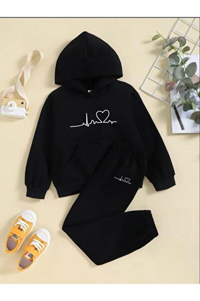 NoVibe Set de trening cu imprimeu Heart Rhythm pentru fete/băieți negre