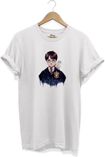 The Baski Tricou alb unisex cu mânecă scurtă imprimat cu bufniță Harry Potter