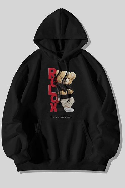 The Baski Суитшърт Relax Bear Printed от 100% памучен полар, премиум черен