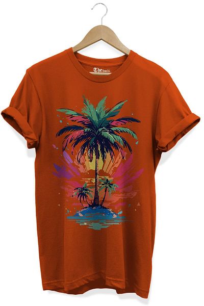 The Baski Πορτοκαλί μπλουζάκι Premium Palm Tree Printed 100% Cotton