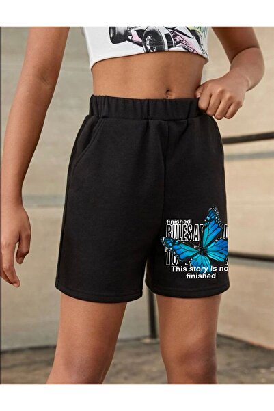 NoVibe Butterfly Printed Black Oversize Girl's Shorts