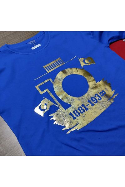 Crea Eymer Wear Ataturk 10 Νοεμβρίου Special Series Σχέδιο χρυσού φύλλου με στάμπα με λαιμόκοψη 100% βαμβακερό μπλουζάκι