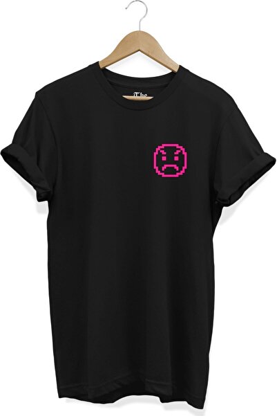 The Baski Crna unisex majica sa ružičastim ljutitim licem, piksel Štampano, k...