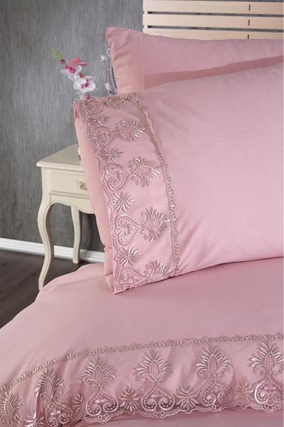 Çeyiz Diyarı Σετ κλινοσκεπασμάτων French Lace Story σε χρώμα πούδρας