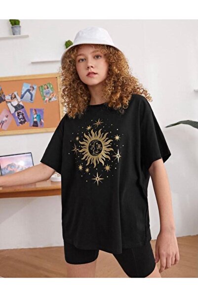 NoVibe Tricou pentru fetiță neagră cu imprimeu Sun and Moon