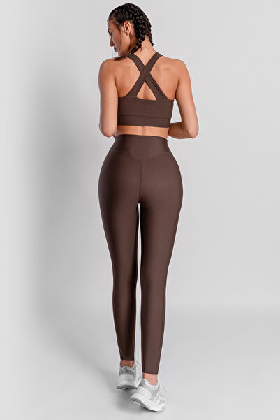 Superstacy V Bel Detaylı Yüksel Bel Acı Kahve Spor Tayt