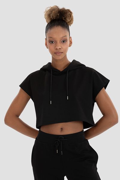 Superstacy Alice Hooded Short Sleeve Black Crop Sweatshirt