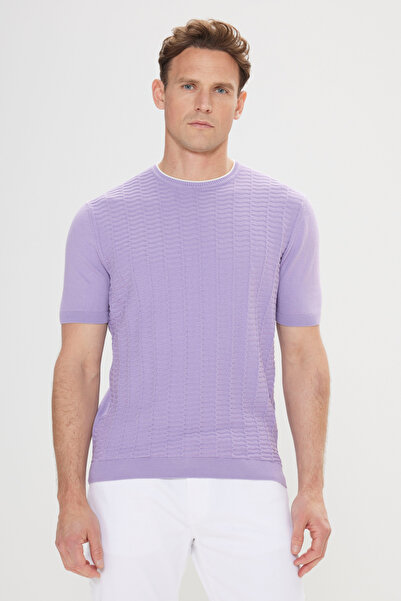 ALTINYILDIZ CLASSICS Πλεκτό μπλουζάκι LILA-EKRU Jacquard Crew Neck - 100% βαμβάκι, τυπική εφαρμογή