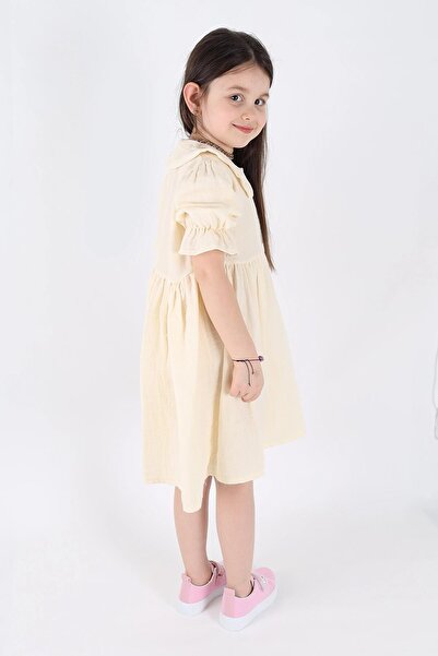 TRENDİMİZBİR Κοριτσίστικο φόρεμα μουσελίνας με βρεφικό γιακά και λεπτομέρεια βολάν