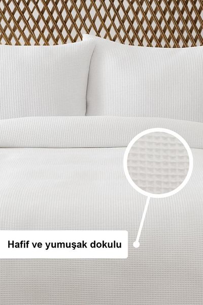Denizli Concept طقم وافل أبيض مزدوج - مفرش سرير موسمي ناعم ونفاذية الهواء - 3 قطع