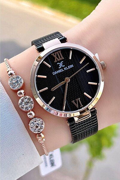 Daniel Klein Adjustable Women's Wrist Watch and Bracelet with Black Rose Cordon - Dkgnct1228