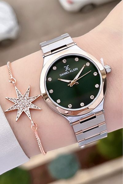 Daniel Klein Green Rose Gray Women's Wrist Watch & Bracelet - Adjustable Cord, Dkgnct1040