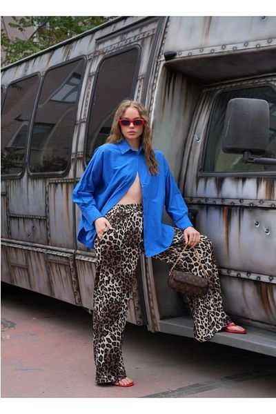 OzBeauty Pantaloni de damă cu imprimeu leopard - talie elastică, buzunar dublu