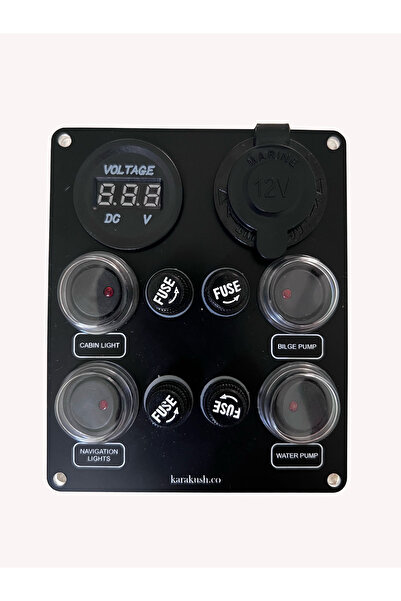 karakush Tekne-Karavan 4lü Sigorta Paneli - Switch Panel (Çakmaklık ve Voltmere) 12/24V 115MM X 100MM