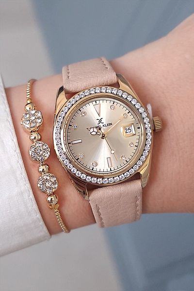 Daniel Klein Women's Wristwatch - With Calendar, Gold Yellow Rhinestone Case, Cream Leather, Strap Bracelet Gift