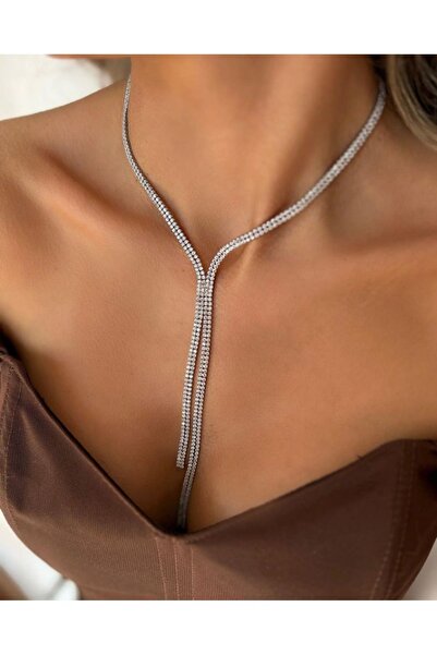 muptejewelry 2 Rows Zircon Necklace with Center Combination and Dangle