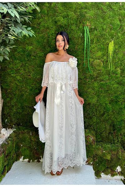 1Moda1Tarz Φόρεμα σχεδιαστή με λεπτομέρεια λευκής δαντέλας και ροζ φόδρα με ζώνη γκουπέρ