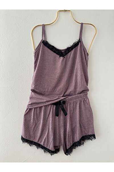 Işılay Viscon Kumaş Puantiyeli İp Askılı Dantel Detaylı Yazlık Şort Takım