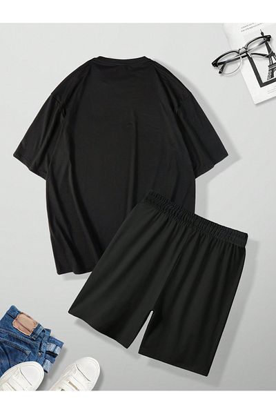 Modernica Star Patterned Black T-Shirt and Combed Cotton Shorts - Oversize Crew Neck Set